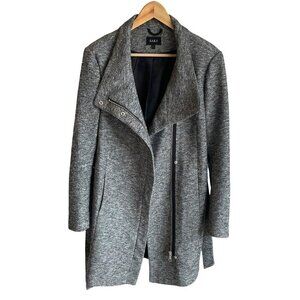Saki Tweed-Style Gray 3/4 Length Fall Coat Asymmetrical Mock Neck Zip Lined Lg